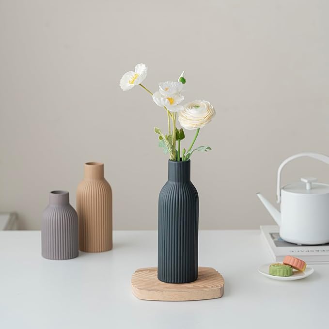 Modern Ceramic Vases Set of 3, Black Ribbed Decorative Vases, Shelf Table Centerpiece for Home Decor, Birthday Gifts for Women, Mom, Grandma Decorative (Black Mix)