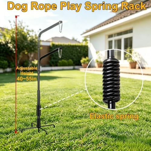 Adjustment Rotation Tether Outdoor Dog Rope Toy, Dog Rope Play Spring Rack with 3 Interactive Tug of War Toys, Self-Play & Exercise Toy for Large, Medium, Small Dogs, Heavy Duty for Yard Park Lawn