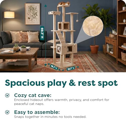FurHaven 69.3" Tall Cat Scratching Post Tower for Indoor Cats, Sisal Cat Tree with 2 Condos, Tiger Tough Double Decker Playground, Toys & Perches for Cats, Sisal, Cream