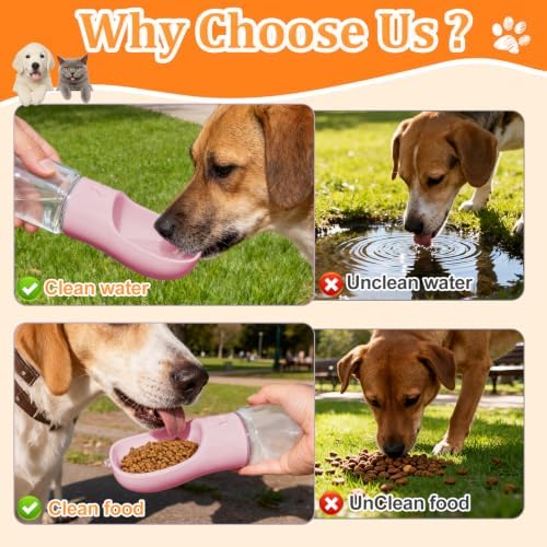 Portable Dog Water Bottle with Food Container, Pink, 12oz
