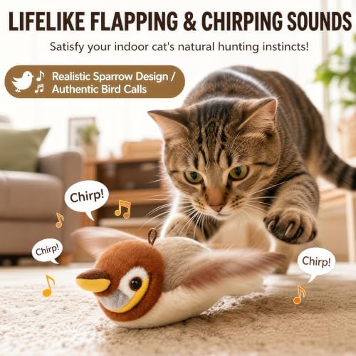 Tweet Paw Cat Toy Interactive Flapping Bird with Real Chirping Sounds, Motion Activated Realistic Sparrow for Indoor Cats, USB Rechargeable, Washable with Catnip Pouch