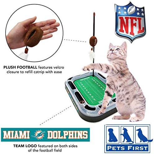 Cat Football Field NFL MIAMI DOLPHINS FOOTBALL FIELD CAT SCRATCHER TOY with CATNIP Filled Plush FOOTBALL Toy & Feather Cat Toy hanging, with Jingle Bell INTERACTIVE BALL Cat Chasing 5-in-1 KITTY Toy
