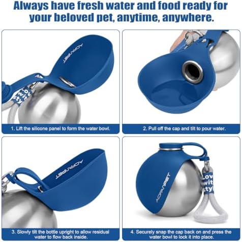 Portable Dog Water Bottle 10oz Stainless Steel Travel Dog Water Dispenser with Bowl No-Spill Puppy Water Bottle for Walking Hiking Small Dog Water Bottle (Sapphire Blue)
