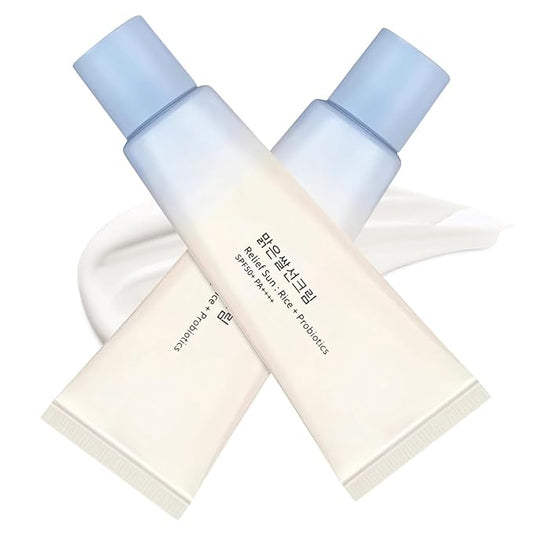 2PC Relief Sun Organic Sunscreen SPF50, Korean Skin Care Solution for All Skin Types, ++++PA++++ Rice and Probiotics (A, Sun Protection Factor (SPF), 50)