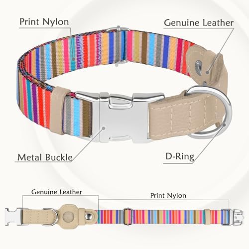 AirTag Dog Collar for Small Medium Large Breed - Adjustable Cute Pattern Dog Collar with Airtag Holder - Soft Leather Tracker GPS Apple Air Tag Pet Collars (Large, 17"-21" Neck Fit, Serape)