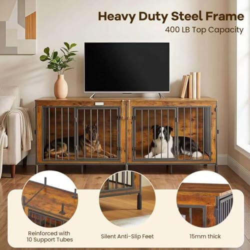 78" XXL Dog Crate Furniture for Medium and Large Dogs, Wooden Indoor Dog Kennel with Removable Divider, Flip-Top Opening, 3 Doors, Indoor Dog Crate Cage House for Home