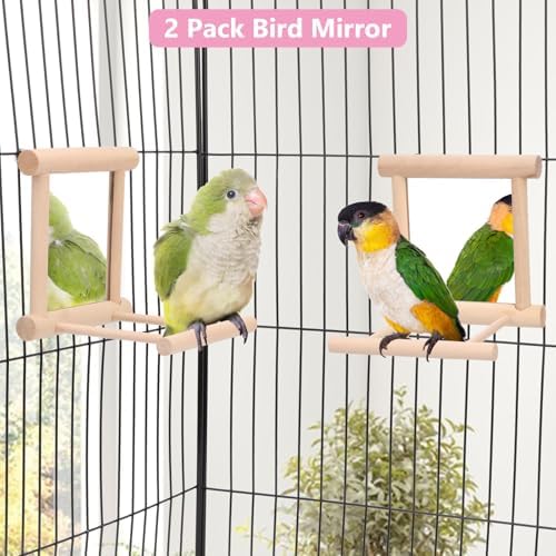 Wontee Bird Mirror with Perch for Parakeet Cage Bird Toys (2pcs-Wood Color)