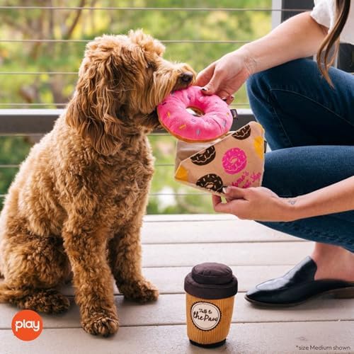 P.L.A.Y. Cute Plush Dog Toys - Coffee Shop Food Themed Durable Squeaker Chew Toy for Medium & Large Dogs - Machine Washable, Recycled Materials (Pup Cup Cafe Doughboy Donut, Medium)