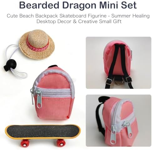 3 Pack Bearded Dragon Toy Set Includes a Bearded Dragon Backpack, an Adjustable hat, and a mini Skateboard Toy, for Small Reptile Pets Such as Lizards, Hamsters, Parrots, and Turtles.（Pink）