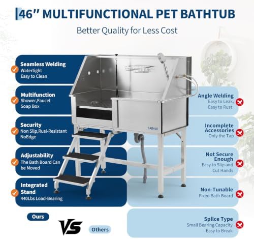 Professional Stainless Steel Dog Washing Station 46 Inch – Heavy Duty Pet Grooming Bathtub – Brushed Finish – Access Stairs – Grooming Arm & Showerhead – for Home or Salon – Left Opening Door