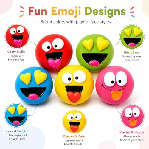 5-Pack Latex Dog Toys – Durable Squeaky Emoticon Design for Small and Medium Dogs, Interactive Chew and Fetch Play Set for Exercise and Training