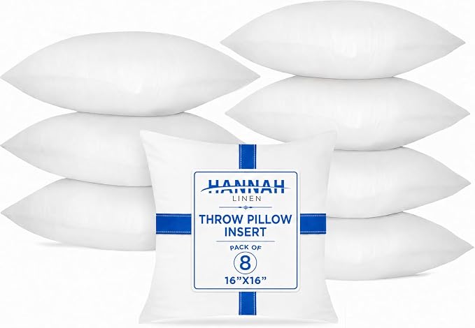 Hannah Linen Throw Pillow Inserts 16x16 – 8 Pack Square Decorative Cushion Stuffers for Couch, Sofa & Bed – Soft Fluffy Polyester Filled Pillow Inserts for Indoor Home Décor