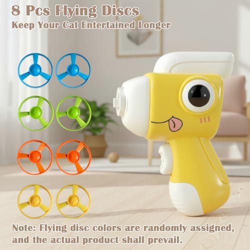 Interactive Cat Toy for Indoor Cats - Cat Fetch Toy Launcher with 8 Colorful Flying Discs, One-Press Exercise Toy for Chasing & Hunting, Fun Kitten Toy for Adult Cats, Yellow