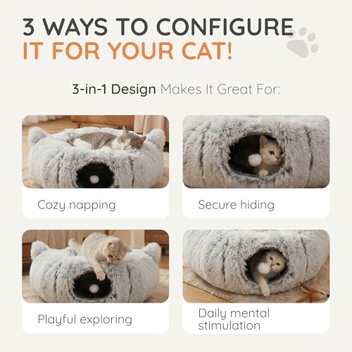 3-in-1 Cat Tunnel Bed – Cat Tunnels & Cat Beds for Indoor Cats with Catnip Toys – Cat Bed Cave & Peekaboo Cat Hideaway – Foldable Interactive Cat, Kitty & Kitten Toys