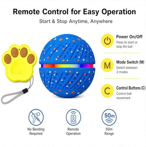 Interactive Dog Ball Toy with Remote Control, Durable E-TPU Material,3 Modes Automatic Bouncing Dog Ball with RGB Lights, IP54 Waterproof Electronic Dog Toy for Puppy, Medium and Large Dogs