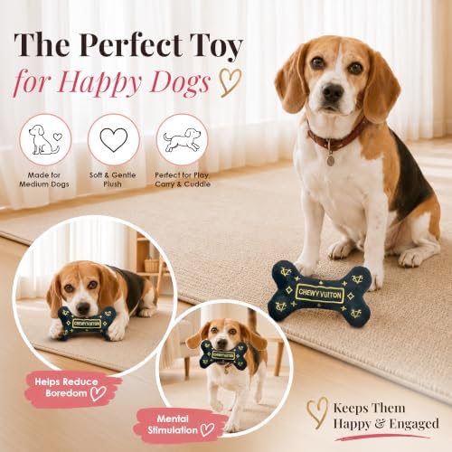 Dog Diggin Designs Chewy Vuiton Noir Plush Dog Toy Bone | Luxury-Inspired Parody Designer Bone with Squeaker, Soft Plush Chew & Play Dog Toy – Prêt-à-Porter Play!