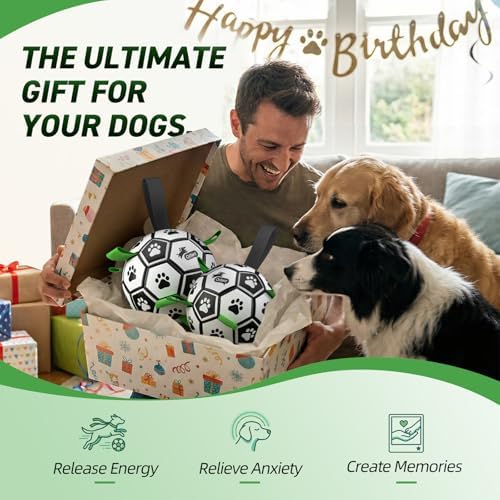 QDAN 2 PCS Dog Toys Soccer Ball Set with Straps, Interactive Dog Toys for Tug of War, Puppy Birthday Gifts, Dog Water Toy, Durable Dog Balls for Medium & Large Dogs（6 & 8 Inch）