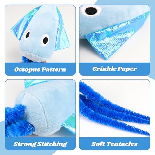 Andiker Cat Toy with Catnip, Squid Shaped Cat Chew Toy with Long Tentacle and Crinkle Paper Interactive Kitten Toy for Kittens & Adult Cats (Blue)