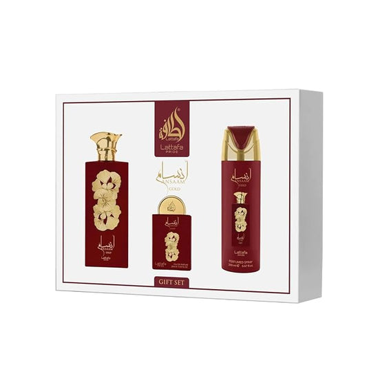 Lattafa Pride - Ansaam Gold for Men - 3 Pc Gift Set 3.4oz EDP Spray, 6.67oz Perfumed Body Spray, 0.67oz EDP Spray