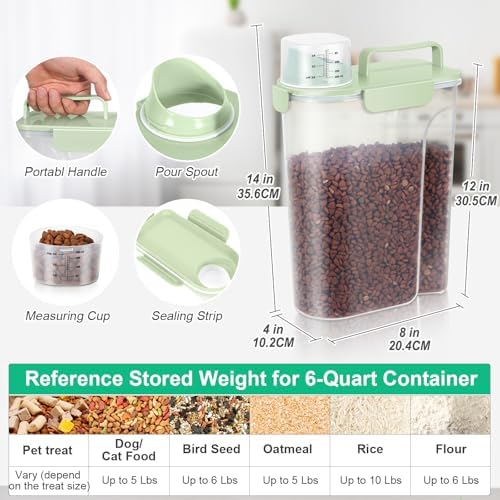 TBMax Travel Dog Food Storage Container 5 lbs with Dog Bowl, Airtight Pet Cat Food Storage Dispenser with Large Spout & Measuring Cup for Kibble Dog Treat Bird Seed Container -Green