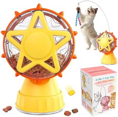 Interactive Cat Toy with Treat Dispenser & Wand Teaser Indoor Cats(Yellow) | Stable Suction Base Design|Adjustable Treat Opening|Indoor Cat Boredom Relief|Hunting Instinct Stimulation