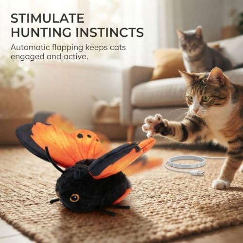 Smart Sensing Automatic Flapping Butterfly Cat Toy, Interactive Electric Pet Play Toy, Realistic Wing Motion Encourages Stalking, Rechargeable Self Play Stimulating Motion Activate，Gold
