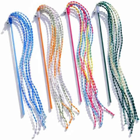 4 PCS Cat Stick Toy, String Cat Toy Multicolor Cats Interactive Wands Toys with Bells for Indoor Outdoor Cats Kitten Playing Have Fun Exercise