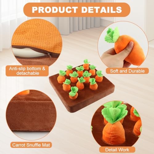 Carrot Dog Toys, Carrot Snuffle Mat for Dogs Interactive Dog Plush Puzzle Toys 2 in 1 Fun Nosework Feed Games Pet Stress Relief and Brain Training Foraging Skill with 12 Carrots (Orange)