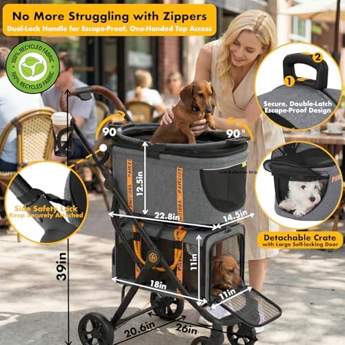 PAWZIDEA Double Pet Stroller with 2 Detachable Carrier, Multifunctional