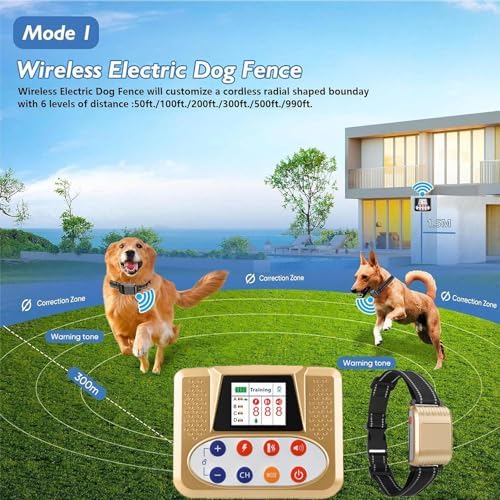 Wireless Dog Fence, Electric Dog Fence & Remote Training Collar, Vibration & Shock, IP65 Waterproof Collar for Large and Medium Dogs with 3 Training Modes, Dog Container Boundary System,for1dog