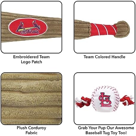 MLB St Louis Cardinals Baseball Bat Toy for DOGS & CATS. Soft Corduroy Plush Dog Toy with Inner SQUEAKER, MLB Chew Toys for Dogs or Cats. Durable Fun Interactive Dog Toy with Team Names and Logo