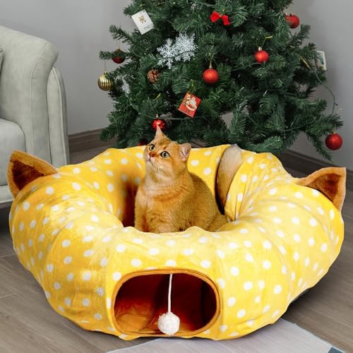 AUOON Cat Donut Tunnel with Bed for Kitten Puppy Rabbit Ferret, Yellow