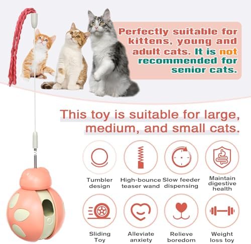 Cat Puzzle Toy – Interactive Cat Treat Puzzle & Dispenser with Teaser Wand – Self-Moving Slow Feeder for Indoor Cats’ Play & Exercise