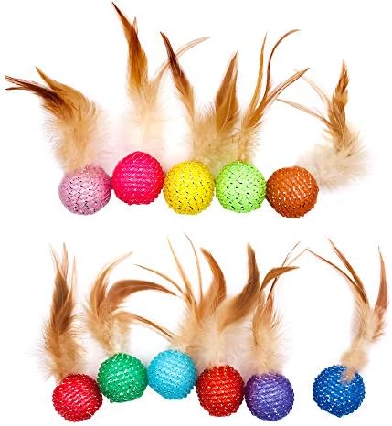 10Pcs Cat Colorful Rainbow Toys Flutter Balls with Feather and Bells for Indoor Ourdoor Kitty Kitten Interactive Playing Chewing Training Chasing Hunting and Exercise