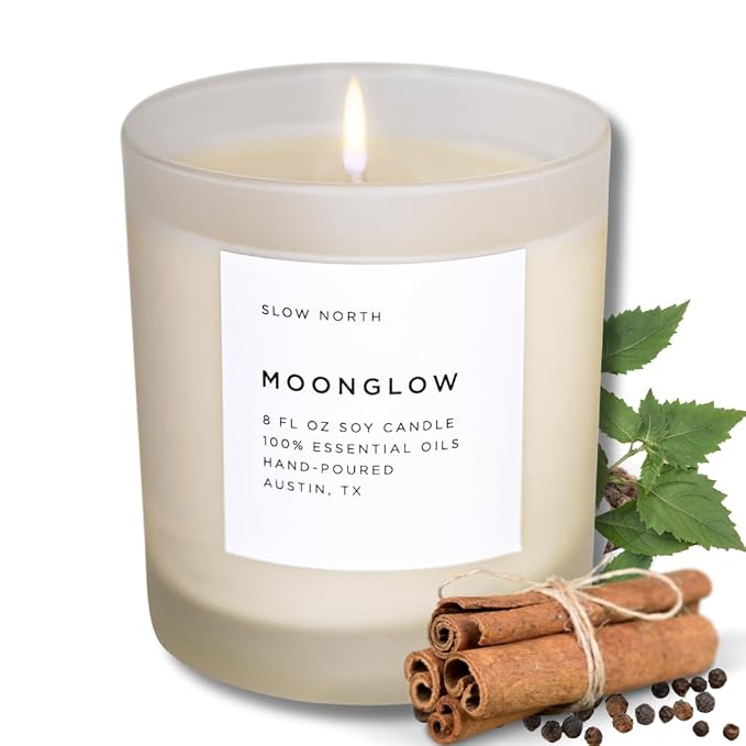 Slow North Moonglow Candle - Essential Oils and Pure Soy Wax Candle in a Reusable Frosted Glass Jar - A Unique and Mindful Scented Candle Hand-Poured in the USA (8 oz)