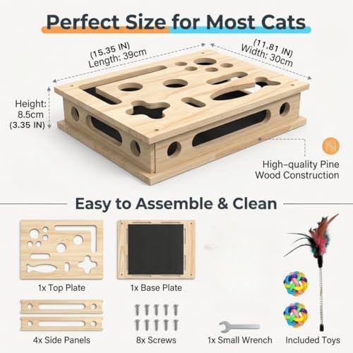 Cat Scratch Puzzle Enrichment Box, Interactive Cat Nail File with Sandpaper Liner for Claw Care, No-Stress Alternative to Clippers and Grinders for Indoor Cats