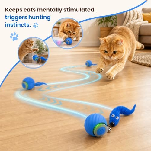 Automatic Rolling Cat Toy, 2-Speed Interactive Ball with Sound & 3 Replaceable Tails for Indoor Cats(Blue)