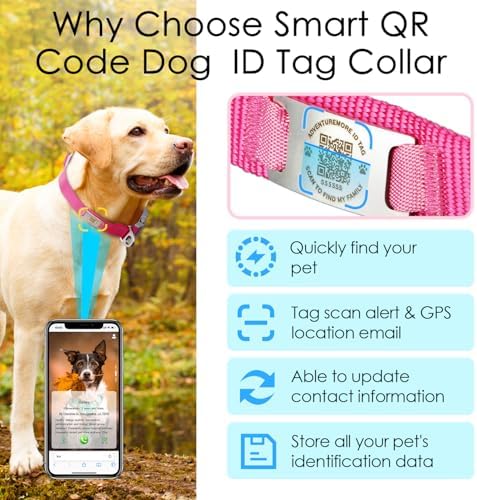 ADVENTUREMORE Smart ID Tag QR Code Nylon Dog Collar - Prevents Small, Medium, Large Dogs from Getting Lost at Night, Displays Owner and Pet Details - Durable, Adjustable, Thick-Rose-Large