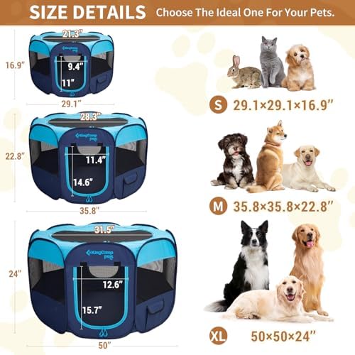 KingCamp Dog Playpen, Portable Foldable Cat Kitten Puppy Tent Crates 29"/36"/50" Pop Up Pet Playpen with Zippered Bottom & Cover for Indoor Outdoor Use (Medium, Blue)