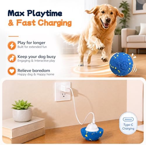 Smart Interactive Dog Toy Ball, 3 Automatic Bouncy Modes, Durable E-TPU Material for Chewing, Rechargeable and IPX7 Waterproof, Enrichment Moving Fetch Toy for Medium Large Dogs (Blue)