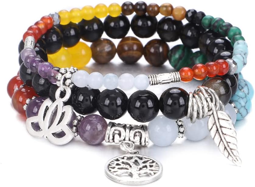 UEUC Tree of Life Yoga Healing Stone Bracelets,Multilayer Lotus Chakra Stone Reiki Bracelet Sets,Anxiety Crystal Natural Stone,for Women Stress Relief