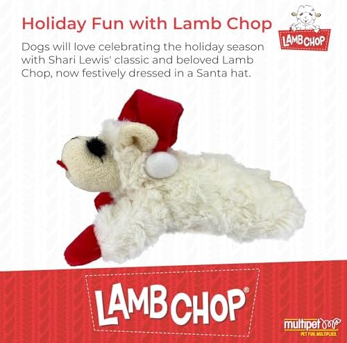Multipet Lamb Chop Dog Plush Toy w/ Santa Hat - Squeaky Toy for All Dogs - Extra Soft Plush - Stuffed Animal for Cuddling & Playing (6”, Cream)