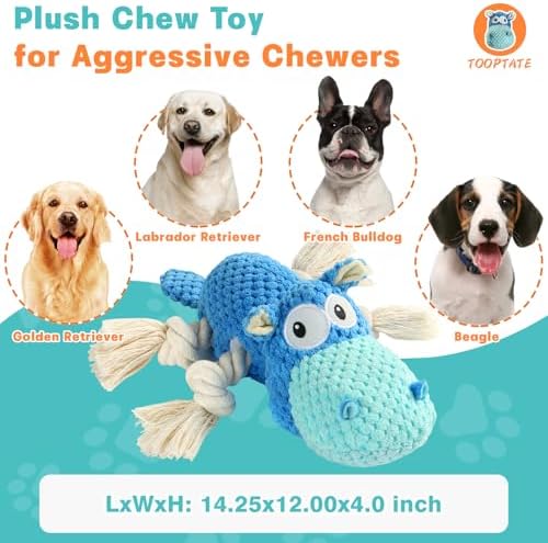 TOOPTATE Hippo Squeaky Dog Toy, Blue, Large