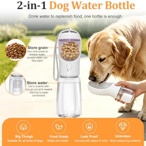 Portable Dog Water Bottle with Food Container, White, 19oz
