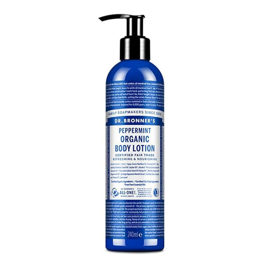 Dr Bronner's Organic Peppermint Hand and Body Lotion, Made with Organic Oils, Used for Face and Body, Certified Fair Trade & Vegan Friendly, 236ml Recycled Bottle