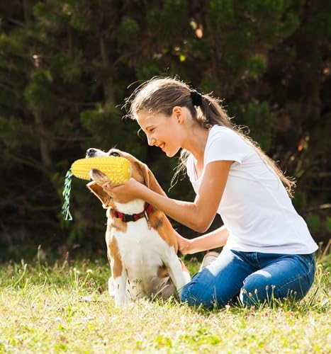 Corn Squeaky Rubber Dog Chew Toy with Dental Cleaning Grooves & Cotton Rope