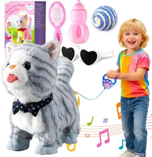 Gray Leash Walking Cat Set Toy Interactive Talking Cat Singing Dancing Kitten Mimicking Repeat What You Say Kitty Touch and Voice Control Nodding Wagging Tail Plush Electric Robot for Kid Girl