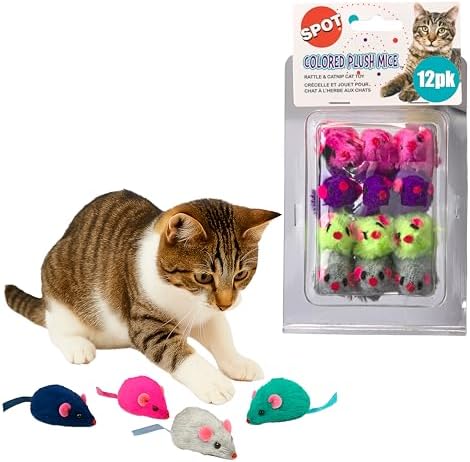 SPOT Colored Plush Catnip Mice Toys – 12-Pack of 4.5-Inch Rattle Mice – Interactive Cat Toys for Indoor Cats & Kittens – Soft, Lightweight, Classic Mouse Shape – Catnip-Filled for Active Play