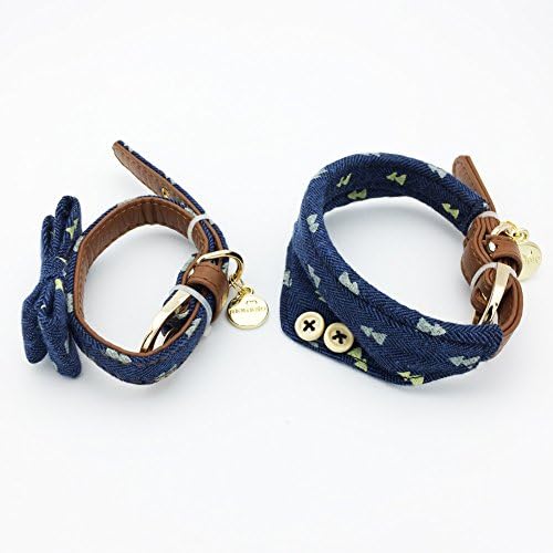 Small Dog Costume Collar - Leather Bowtie Kitten Bandana Collar for Halloween - Teacup Yorkie Chihuahua Clothes Outfits Accessories, Adjustable (Navy Note Bow + Bandana, 8.7 to 11-Inch)
