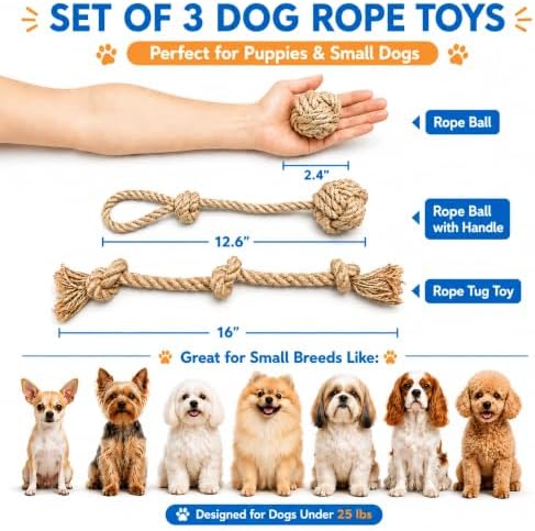 Dog Rope Toys for Small Dogs, 3 Pcs Puppy Teething & Natural Hemp Rope Toys